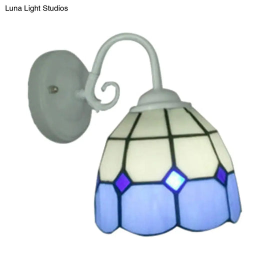 Tiffany Lattice White Wall Sconce With Blue Edge - Art Glass Lamp (1 Light) For Restaurants