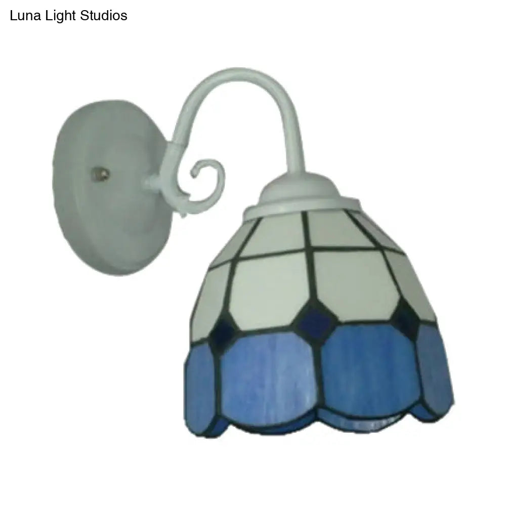 Tiffany Lattice White Wall Sconce With Blue Edge - Art Glass Lamp (1 Light) For Restaurants