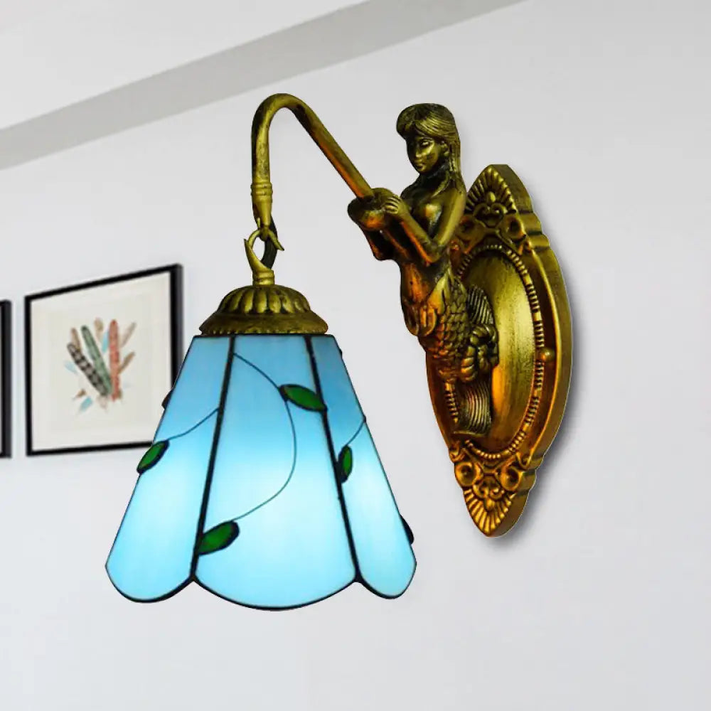 Tiffany Lily Blue/Yellow Glass Wall Sconce For Hallway - Elegant Head Mounted Light Fixture Blue