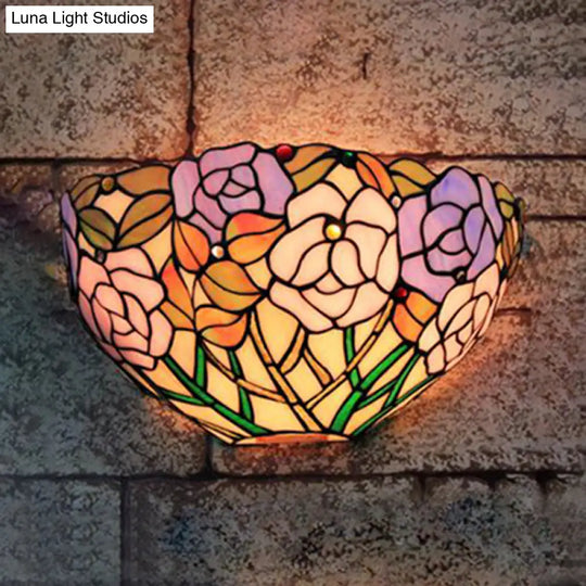 Tiffany Lodge Stained Glass Wall Sconce - Blue And Pink Outdoor Light With Flowers Design