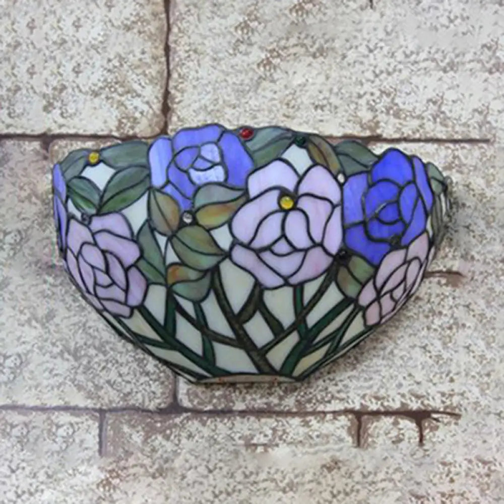 Tiffany Lodge Stained Glass Wall Sconce - Blue And Pink Outdoor Light With Flowers Design Blue-Pink