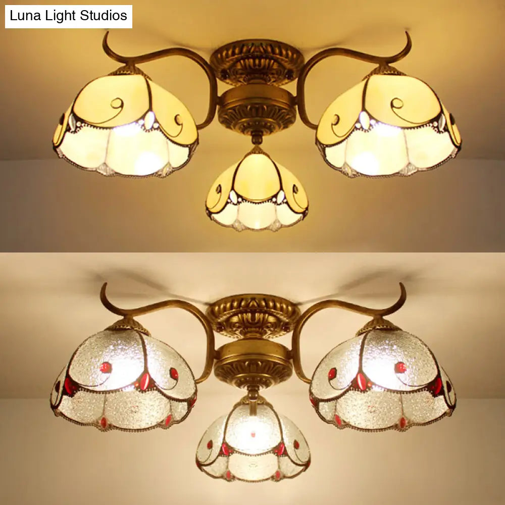 Tiffany Lodge Style Scalloped Semi Flush Ceiling Light With Stained Glass – 3 Lights Beige/Clear
