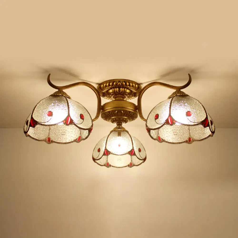 Tiffany Lodge Style Scalloped Semi Flush Ceiling Light With Stained Glass – 3 Lights Beige/Clear