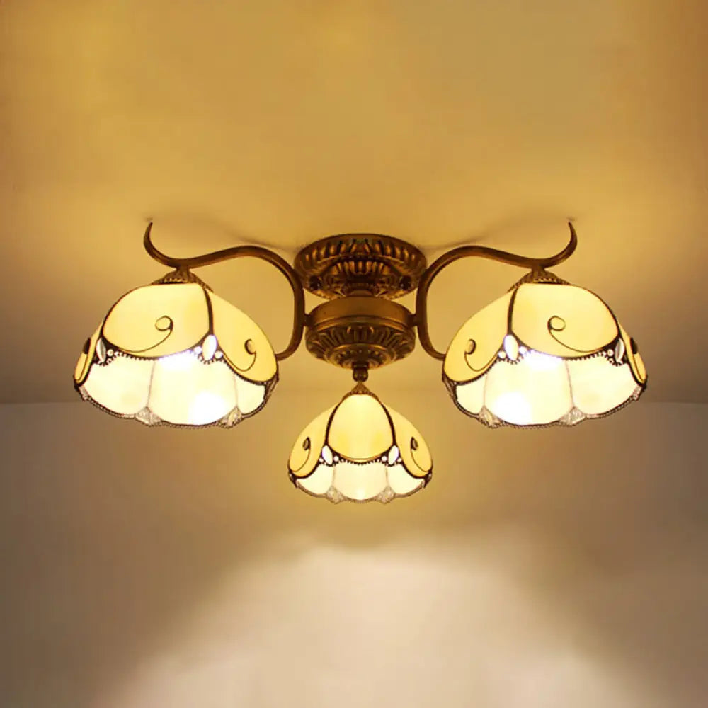 Tiffany Lodge Style Scalloped Semi Flush Ceiling Light With Stained Glass – 3 Lights Beige/Clear