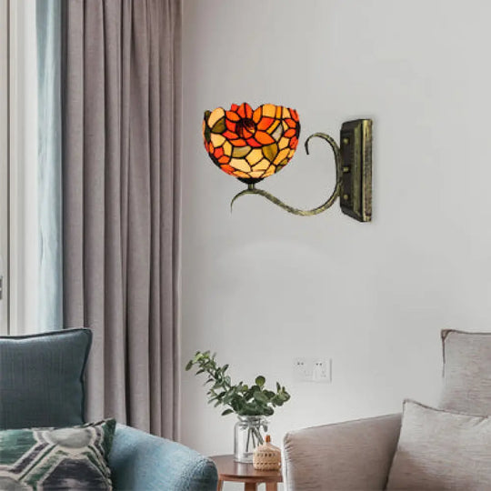 Tiffany Mini Wall Sconce: Sunflower/Peacock Tail Stained Glass Fixture Antique Brass / Sunflower