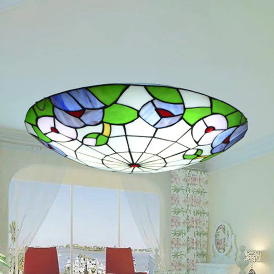 Tiffany Morning Glory Stained Glass Flush Mount Ceiling Light - Green / 12