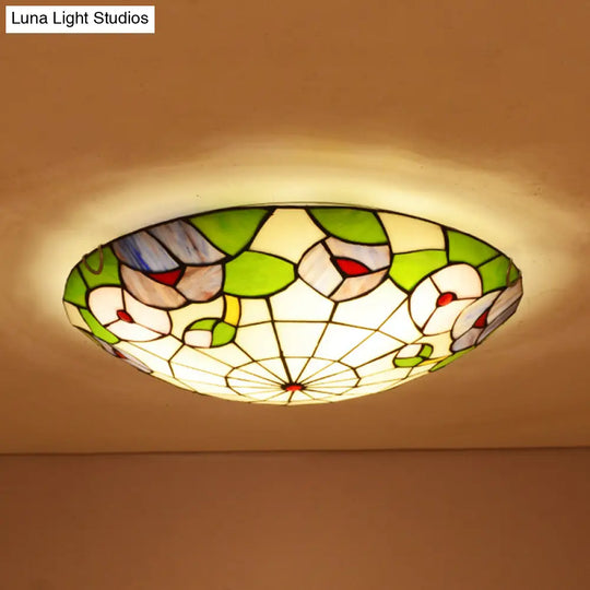 Tiffany Morning Glory Stained Glass Flush Mount Ceiling Light - Green