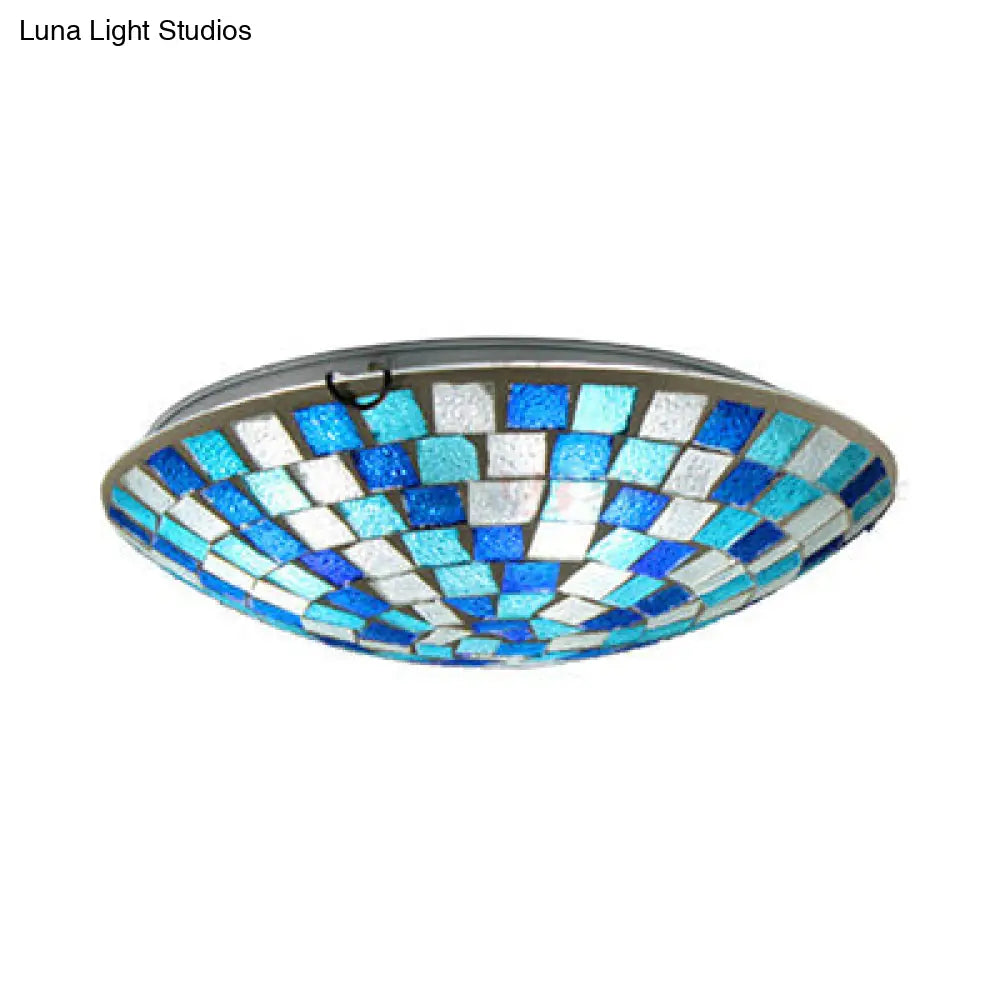 Tiffany Mosaic Glass Ceiling Light - Round Blue Flush Mount (12’/16’ Width) 1 Bulb
