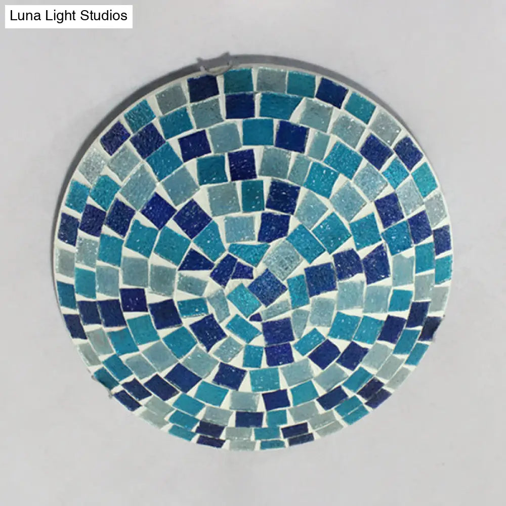 Tiffany Mosaic Glass Ceiling Light - Round Blue Flush Mount (12’/16’ Width) 1 Bulb