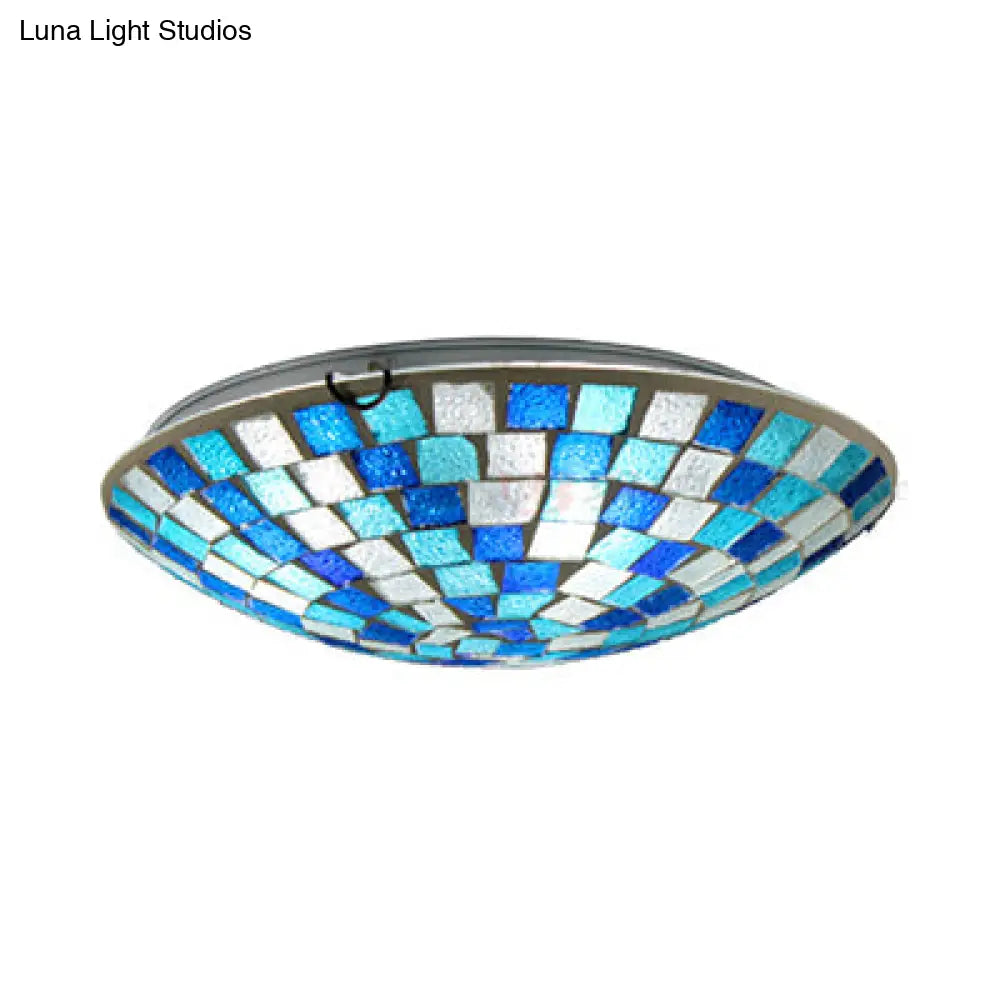 Tiffany Mosaic Glass Ceiling Light - Round Blue Flush Mount (12/16 Width) 1 Bulb
