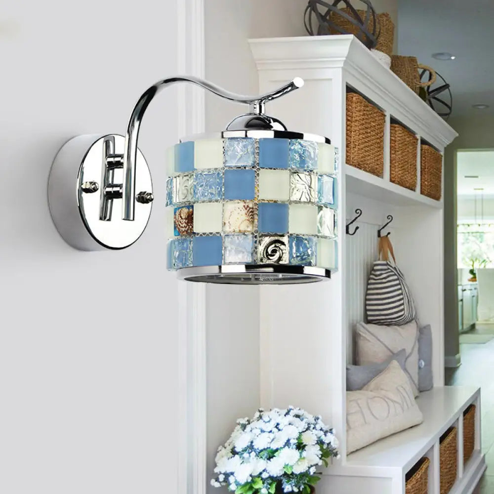 Tiffany Mosaic Glass Cylinder Wall Light In Blue For Hallway