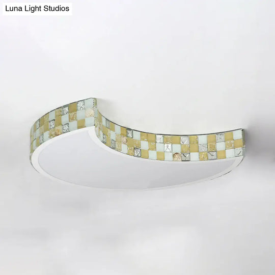 Tiffany Mosaic Glass Moon Flush Light With Led For Bedroom Ceiling