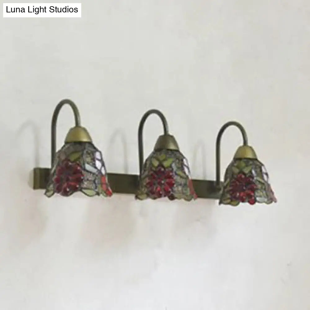 Tiffany Multicolor Stained Glass Sconce Light Fixture With 3 Bell-Shaped Heads In Pink/Purple/Orange