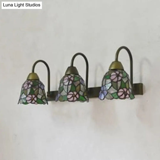 Tiffany Multicolor Stained Glass Sconce Light Fixture With 3 Bell-Shaped Heads In Pink/Purple/Orange