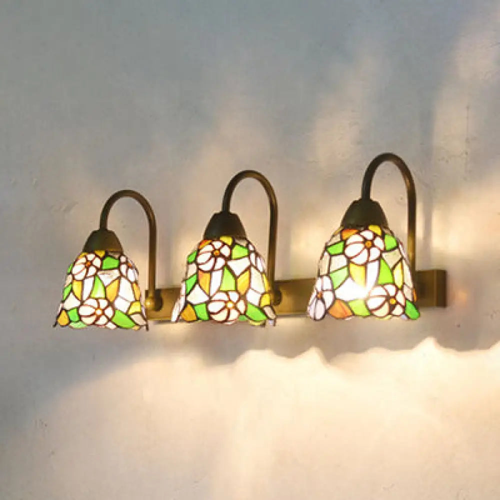 Tiffany Multicolor Stained Glass Sconce Light Fixture With 3 Bell-Shaped Heads In Pink/Purple/Orange