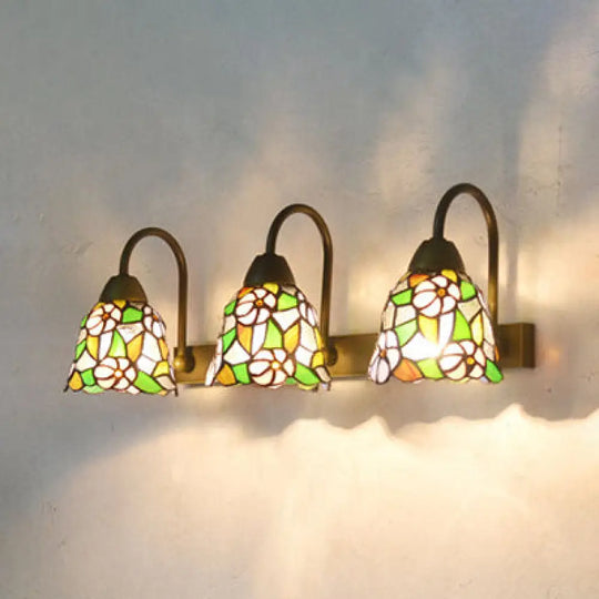 Tiffany Multicolor Stained Glass Sconce Light Fixture With 3 Bell-Shaped Heads In Pink/Purple/Orange