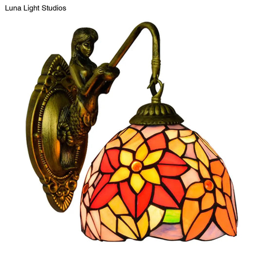 Tiffany Multicolor Stained Glass Sconce Light With Orange Red Flower Design