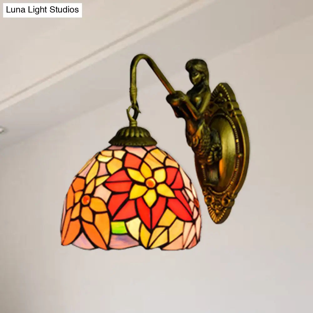 Tiffany Multicolor Stained Glass Sconce Light With Orange Red Flower Design