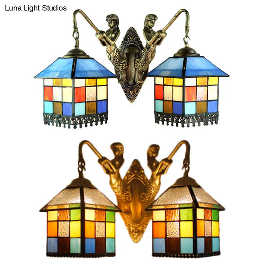 Tiffany Multicolor Stained Glass Wall Light Fixture - Clear/Blue Sconce Lighting 2 Heads