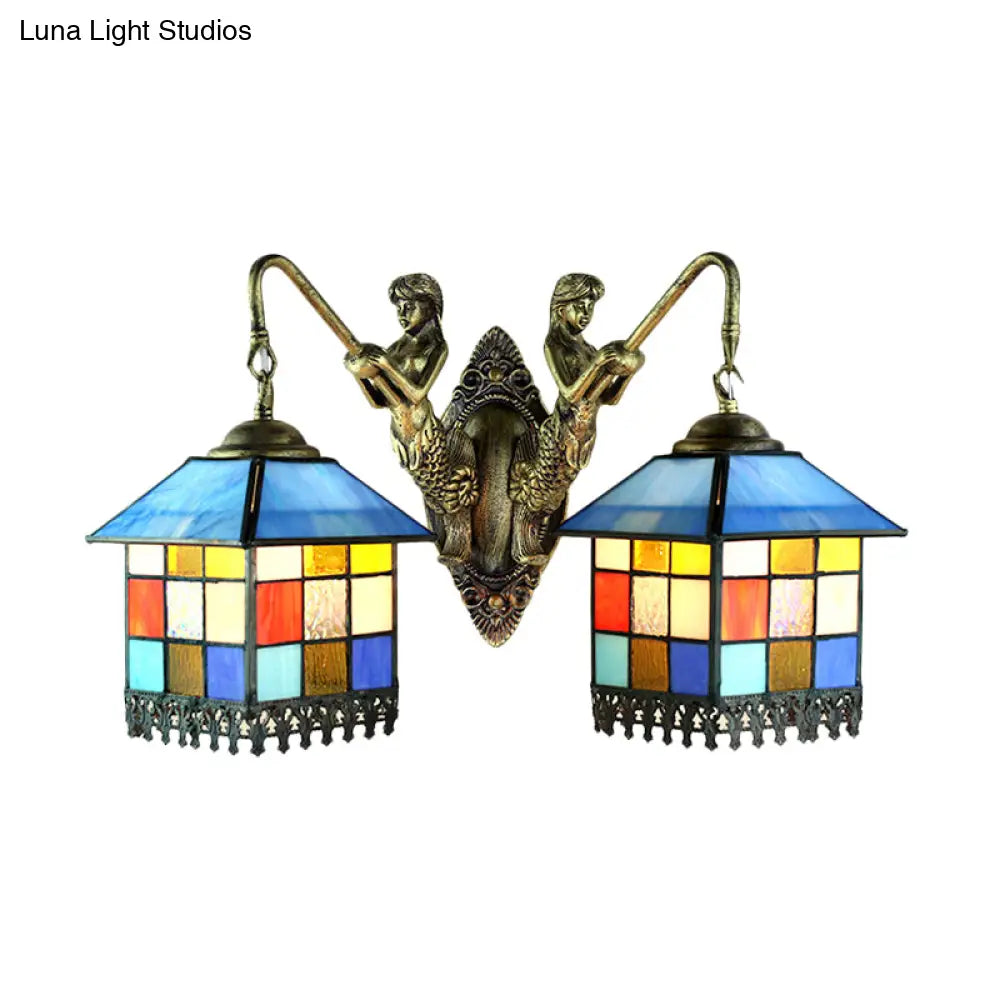 Tiffany Multicolor Stained Glass Wall Light Fixture - Clear/Blue Sconce Lighting 2 Heads