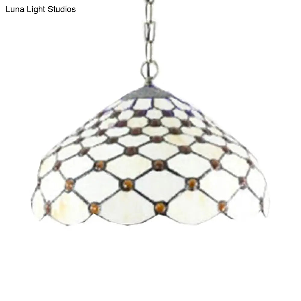 Tiffany Multicolored Stained Glass Dome Pendant Light: White Single Bulb Hanging Lamp For Living