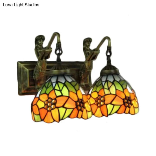 Tiffany Orange Glass Flower Wall Mount Light Sconce With 2 Heads And Mermaid Decoration - Perfect