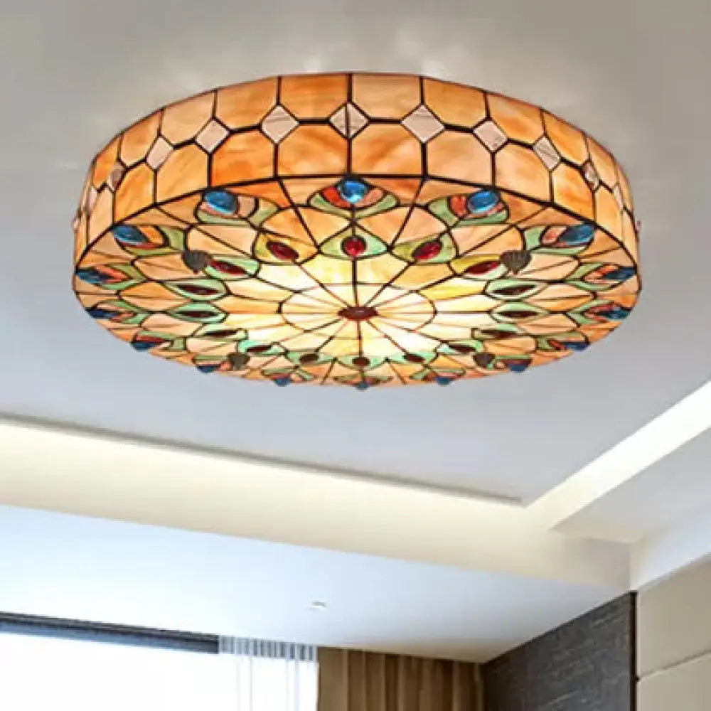Tiffany Peacock Pattern Drum Flushmount Ceiling Lights 4-Light Bedroom Lighting With Art Glass
