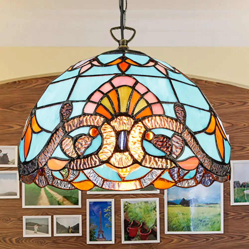 Tiffany Pendant Lighting For Kitchen Island - Sky Blue/Dark Blue Stained Glass Floral Ceiling