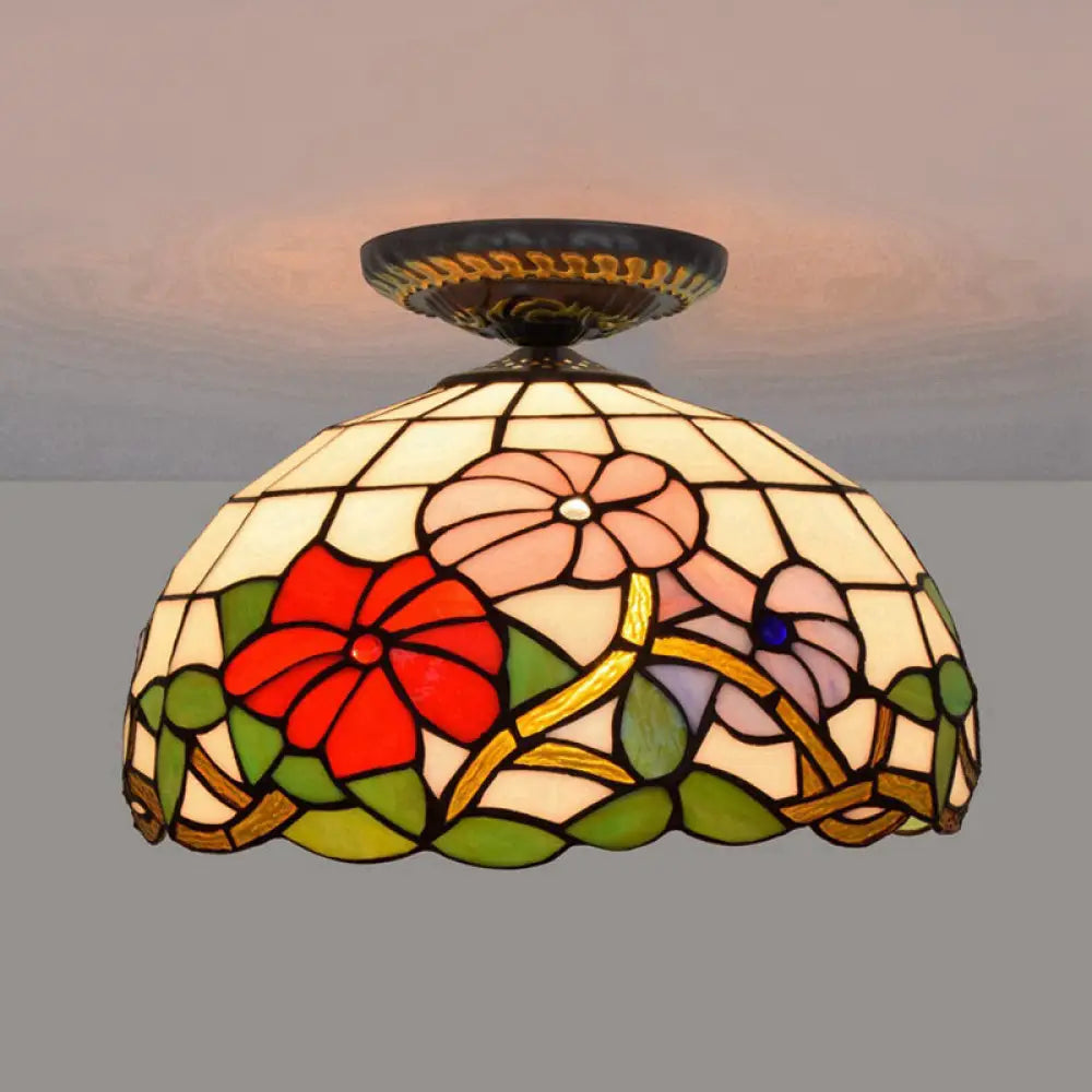 Tiffany Peony Flush Mount Lamp: Stained Glass Ceiling Lighting Fixture In Bronze 12’/16’ Wide / 12’