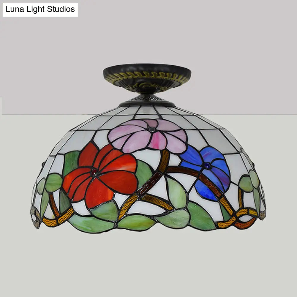 Tiffany Peony Flush Mount Lamp: Stained Glass Ceiling Lighting Fixture In Bronze 12’/16’ Wide