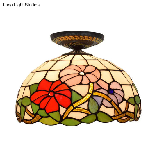 Tiffany Peony Flush Mount Lamp: Stained Glass Ceiling Lighting Fixture In Bronze 12/16 Wide