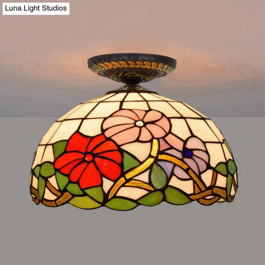 Tiffany Peony Flush Mount Lamp: Stained Glass Ceiling Lighting Fixture In Bronze 12/16 Wide / 12