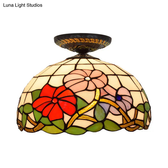 Tiffany Peony Flush Mount Lamp: Stained Glass Ceiling Lighting Fixture In Bronze 12’/16’ Wide