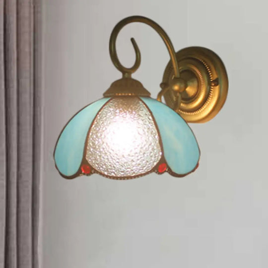 Tiffany Petal Sconce Light With Curved Arm Blue Glass Wall - Ideal For Study Room