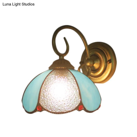 Tiffany Petal Sconce Light With Curved Arm Blue Glass Wall - Ideal For Study Room