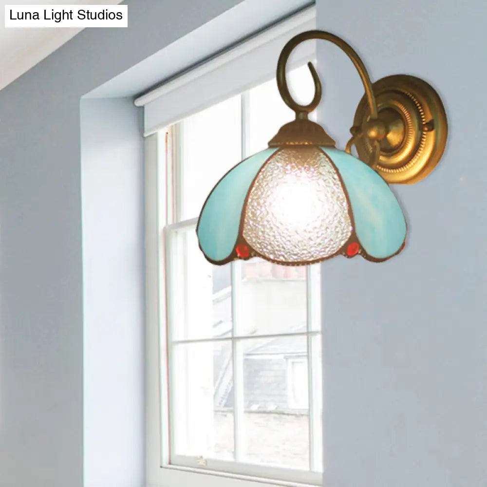 Tiffany Petal Sconce Light With Curved Arm Blue Glass Wall - Ideal For Study Room