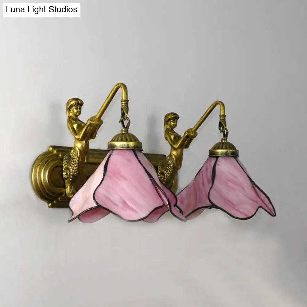 Tiffany Pink/Blue/Clear Glass Wall Mounted Sconce With Mermaid Backplate - 2-Light Floral Lighting