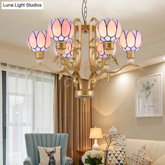 Tiffany Pink Glass Blossom Chandelier - 3/5/6 Lights For Living Room Brass Hanging Lamp Kit