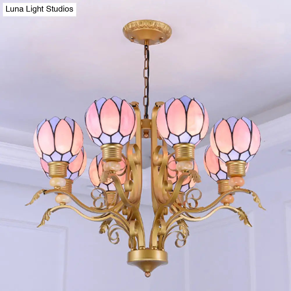 Tiffany Pink Glass Chandelier With Brass Hanging Kit For Living Room 3/5/6 Lights 8 /