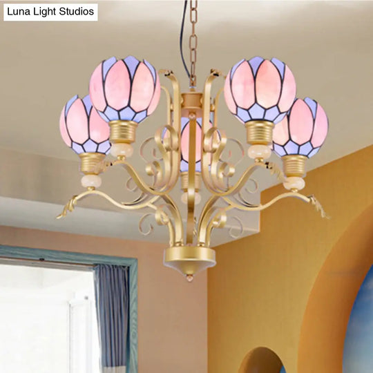 Tiffany Pink Glass Chandelier With Brass Hanging Kit For Living Room 3/5/6 Lights 5 /