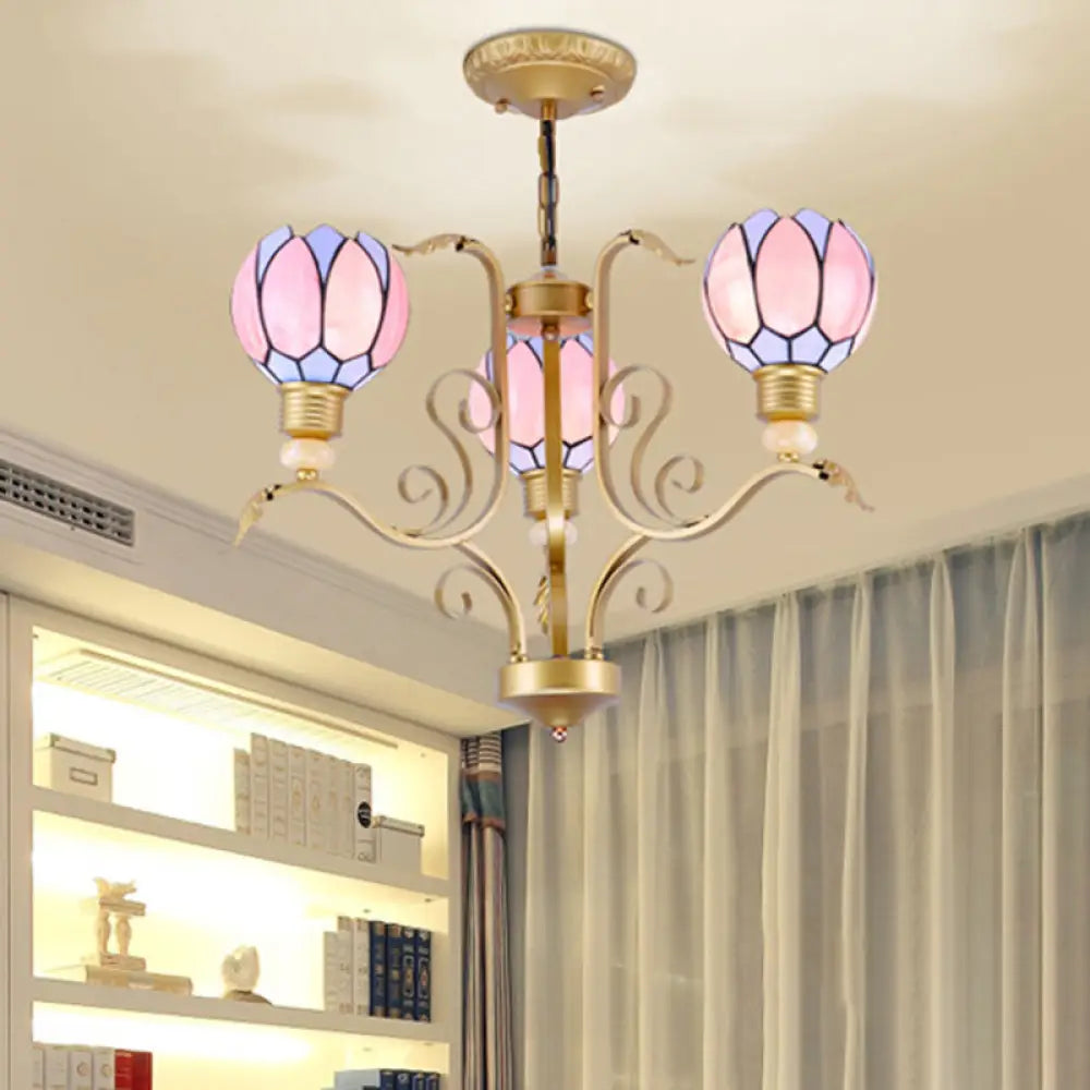 Tiffany Pink Glass Blossom Chandelier - 3/5/6 Lights For Living Room Brass Hanging Lamp Kit 3 /