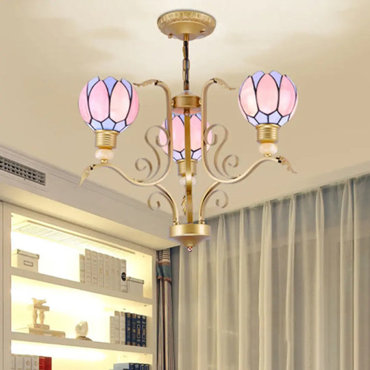 Tiffany Pink Glass Blossom Chandelier - 3/5/6 Lights For Living Room Brass Hanging Lamp Kit 3 /