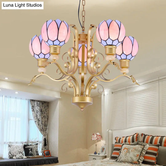 Tiffany Pink Glass Blossom Chandelier - 3/5/6 Lights For Living Room Brass Hanging Lamp Kit