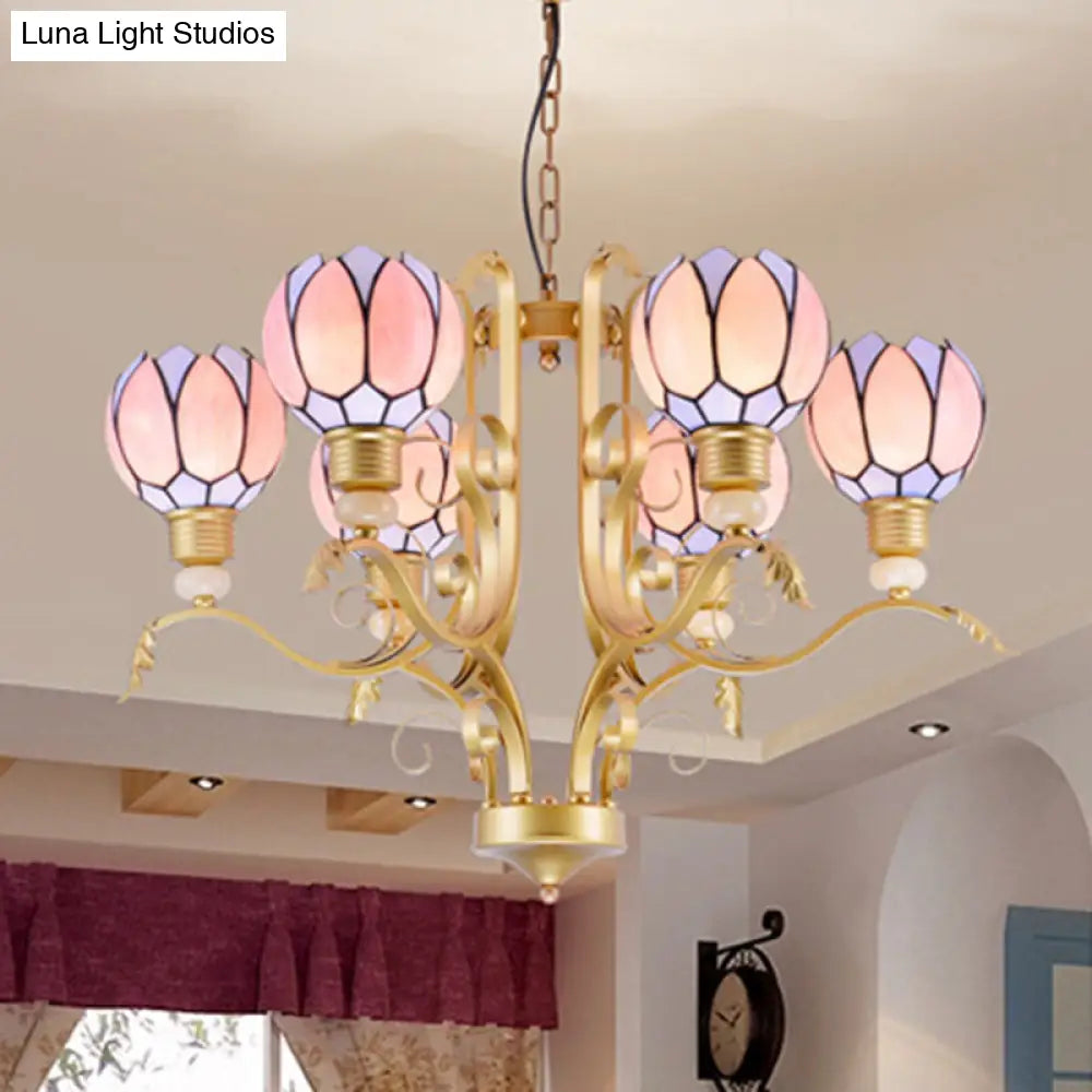 Tiffany Pink Glass Chandelier With Brass Hanging Kit For Living Room 3/5/6 Lights 6 /