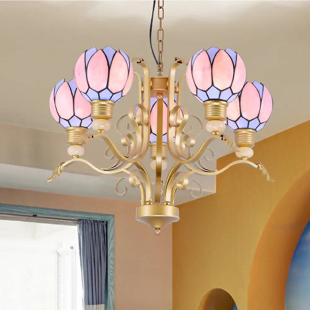 Tiffany Pink Glass Blossom Chandelier - 3/5/6 Lights For Living Room Brass Hanging Lamp Kit 5 /