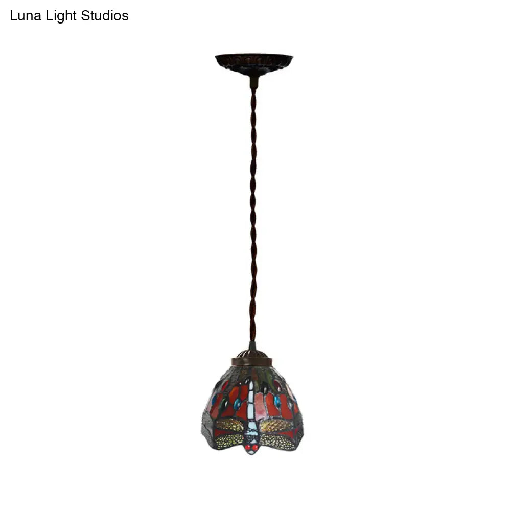 Tiffany Red Dragonfly Patterned Hanging Light With Stained Glass Shade - Dining Room Pendant Lamp