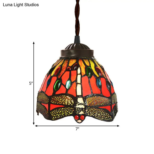 Tiffany Red Dragonfly Pendant Lamp With Stained Glass Shade For Dining Room - Single Bulb Kit