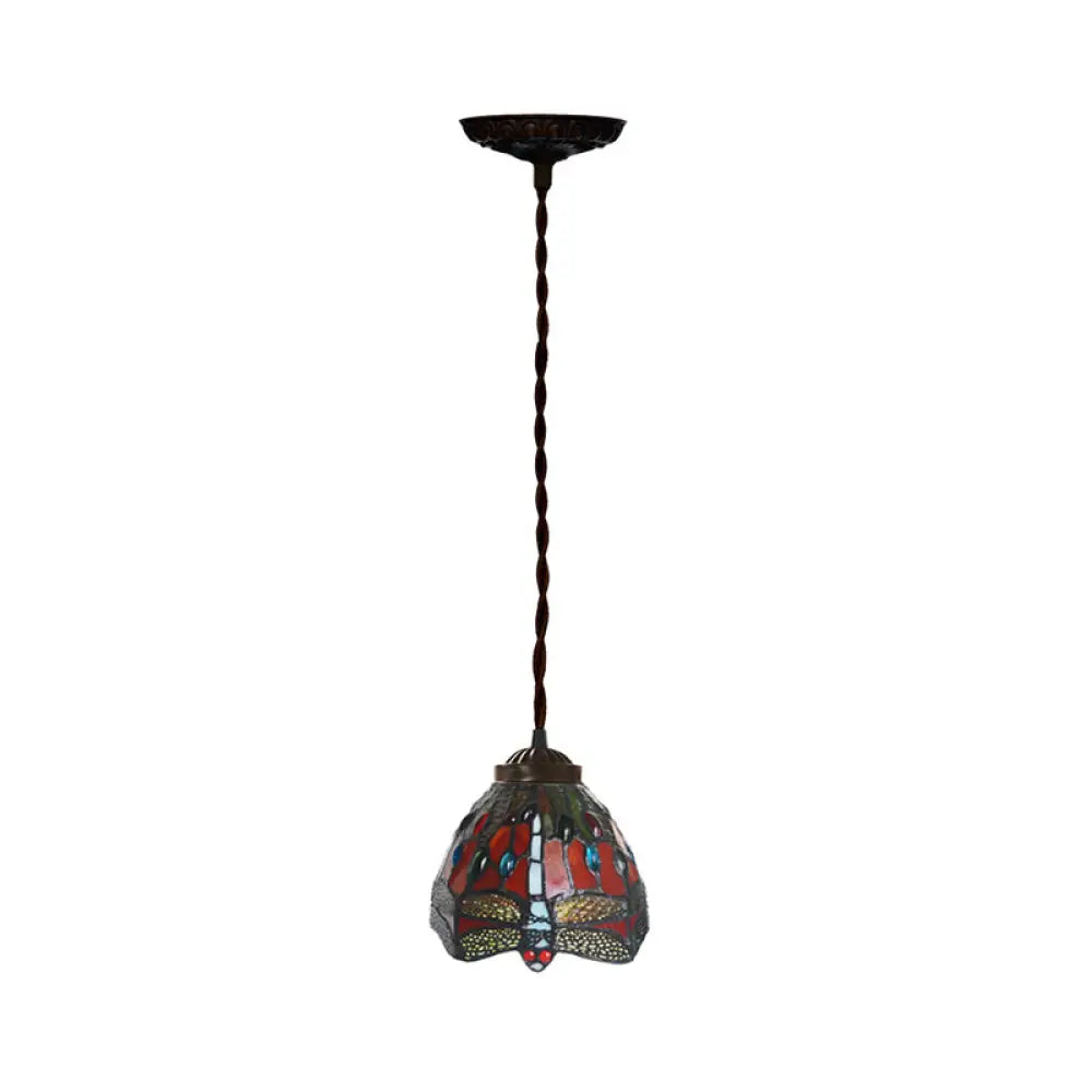 Tiffany Red Dragonfly Pendant Lamp With Stained Glass Shade For Dining Room - Single Bulb Kit
