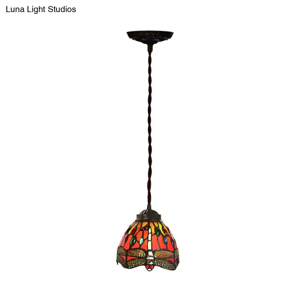 Tiffany Red Dragonfly Patterned Hanging Light With Stained Glass Shade - Dining Room Pendant Lamp