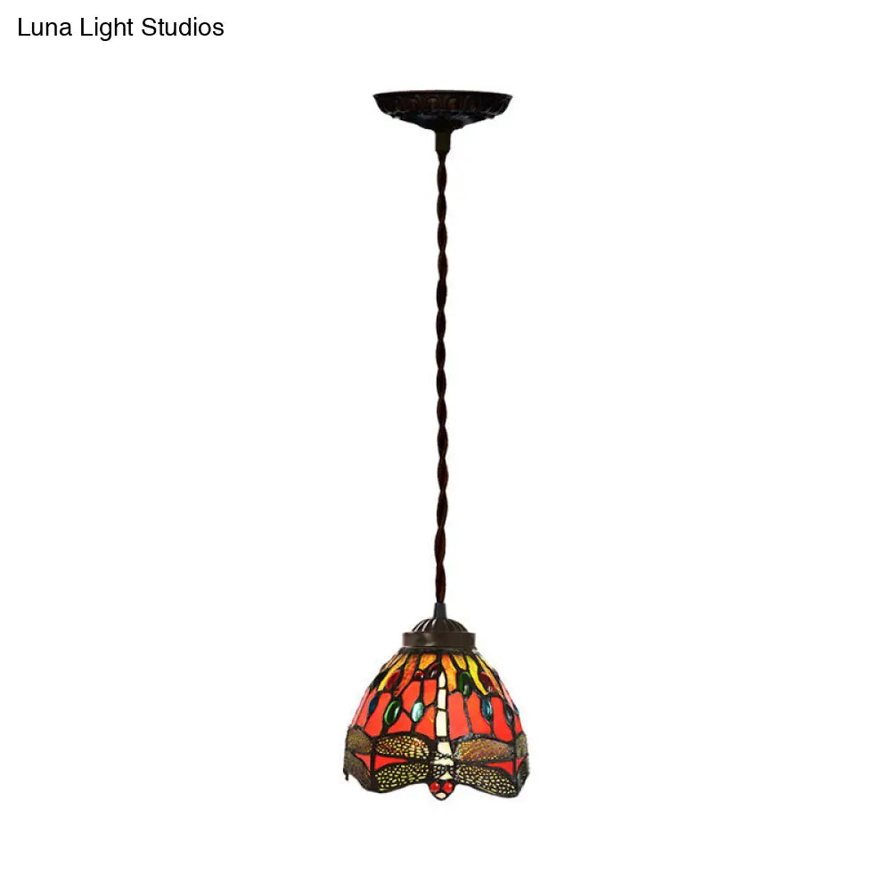 Tiffany Red Dragonfly Pendant Lamp With Stained Glass Shade For Dining Room - Single Bulb Kit